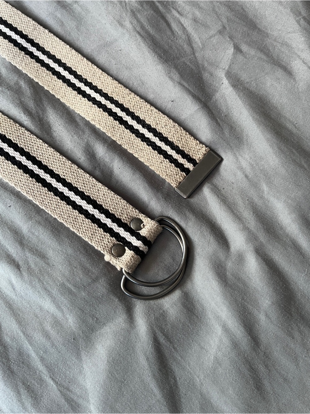 Tan D-Ring Belt with Black and White Stripes